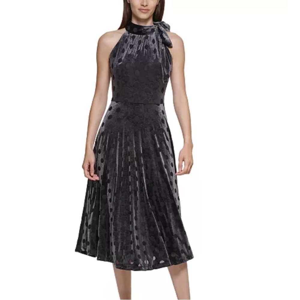 Calvin Klein Charcoal Gray Velvet Polka Dot Halter Classic Midi Dress Size 14